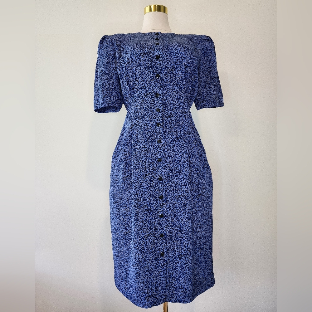 80's Vintage Liz Claiborne Blue and Black Patterned Dress